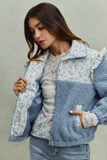 SO ME Faux Fur Sherpa Pull Jacket with Floral Contrast - Bitsy Gypsy Boutique