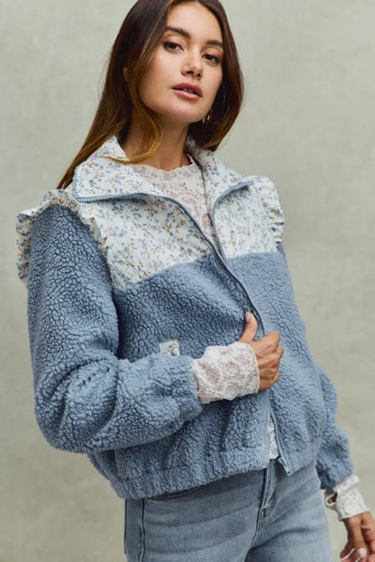 SO ME Faux Fur Sherpa Pull Jacket with Floral Contrast - Bitsy Gypsy Boutique