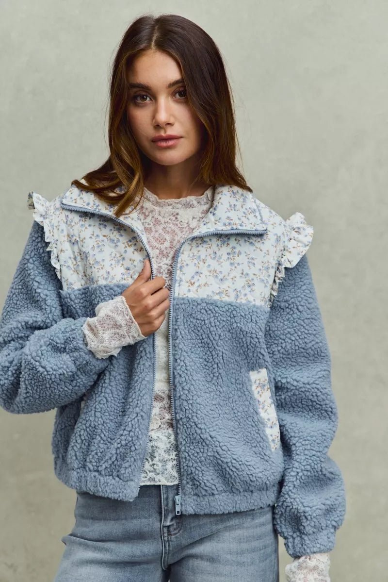 SO ME Faux Fur Sherpa Pull Jacket with Floral Contrast - Bitsy Gypsy Boutique