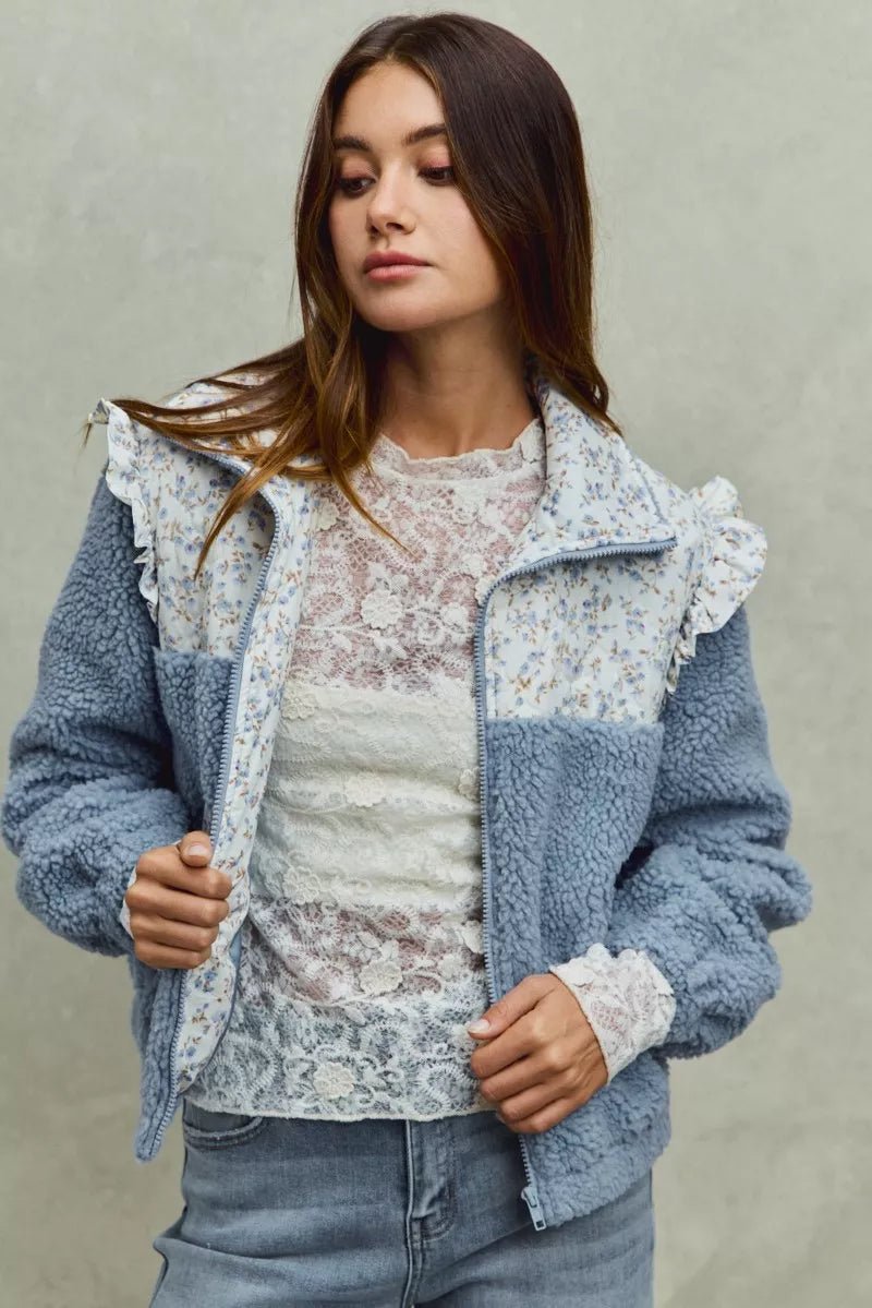 SO ME Faux Fur Sherpa Pull Jacket with Floral Contrast - Bitsy Gypsy Boutique