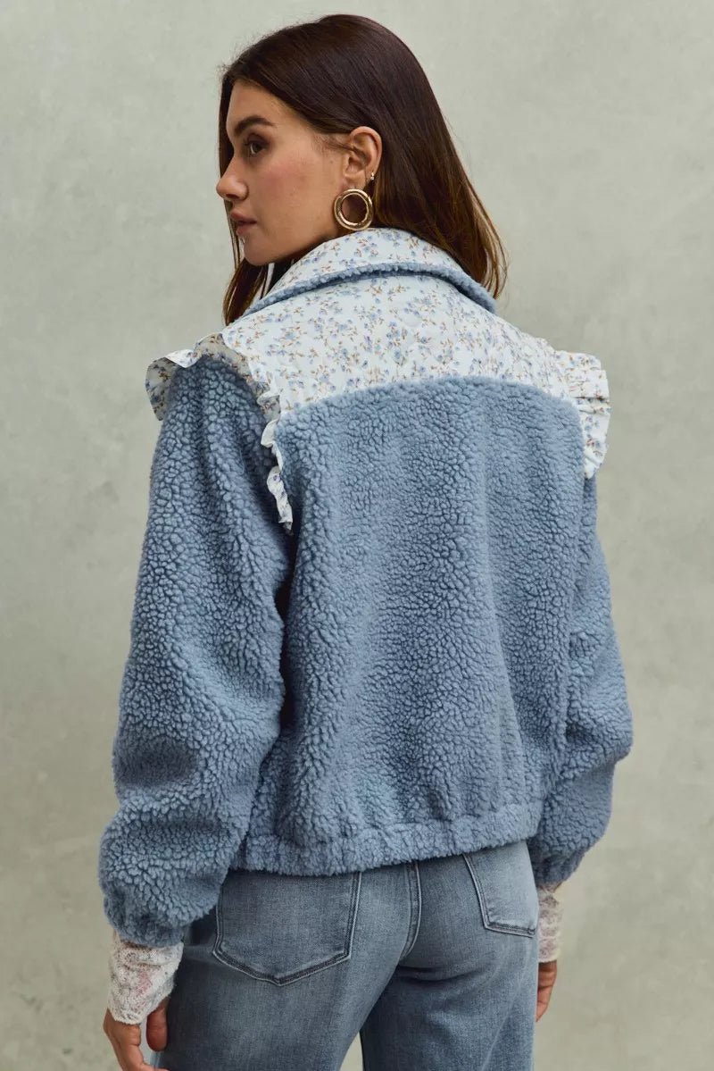 SO ME Faux Fur Sherpa Pull Jacket with Floral Contrast - Bitsy Gypsy Boutique