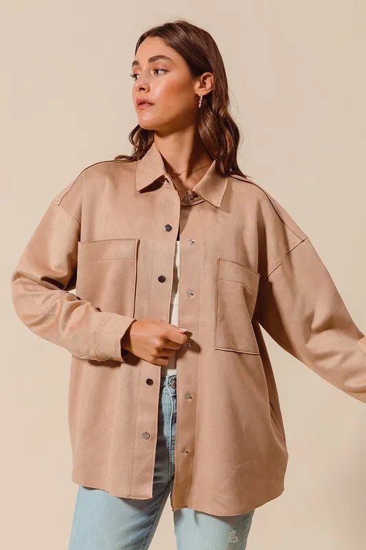 SO ME Faux Sued Snap Shacket with Collar and Pockets - Bitsy Gypsy Boutique