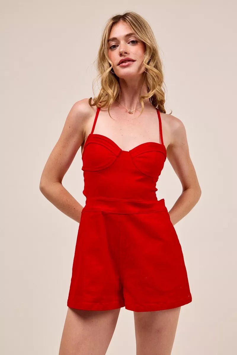 SO ME Fitted Open Back Game Day Romper with Lace Up Deta - Bitsy Gypsy Boutique