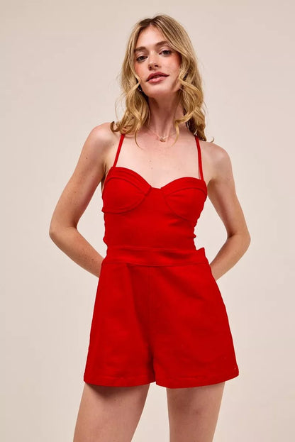 SO ME Fitted Open Back Game Day Romper with Lace Up Deta - Bitsy Gypsy Boutique