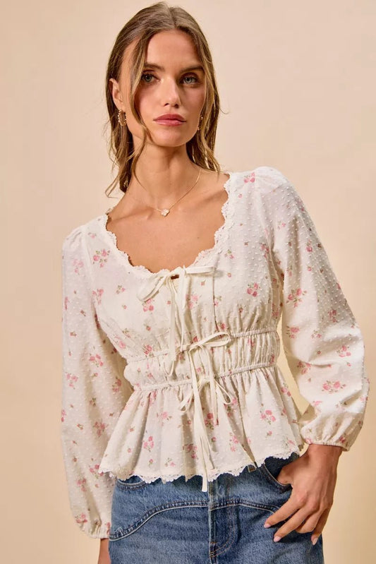 SO ME Floral Clip Dot Lace Trim Ruched Bodice Blouse - Bitsy Gypsy Boutique
