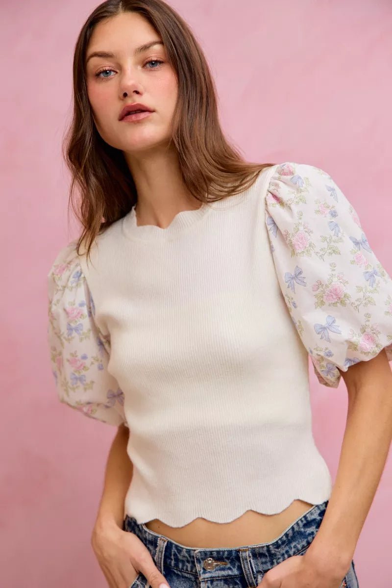 SO ME Floral Cotton Contrast Sleeves Scallop Sweater Top - Bitsy Gypsy Boutique