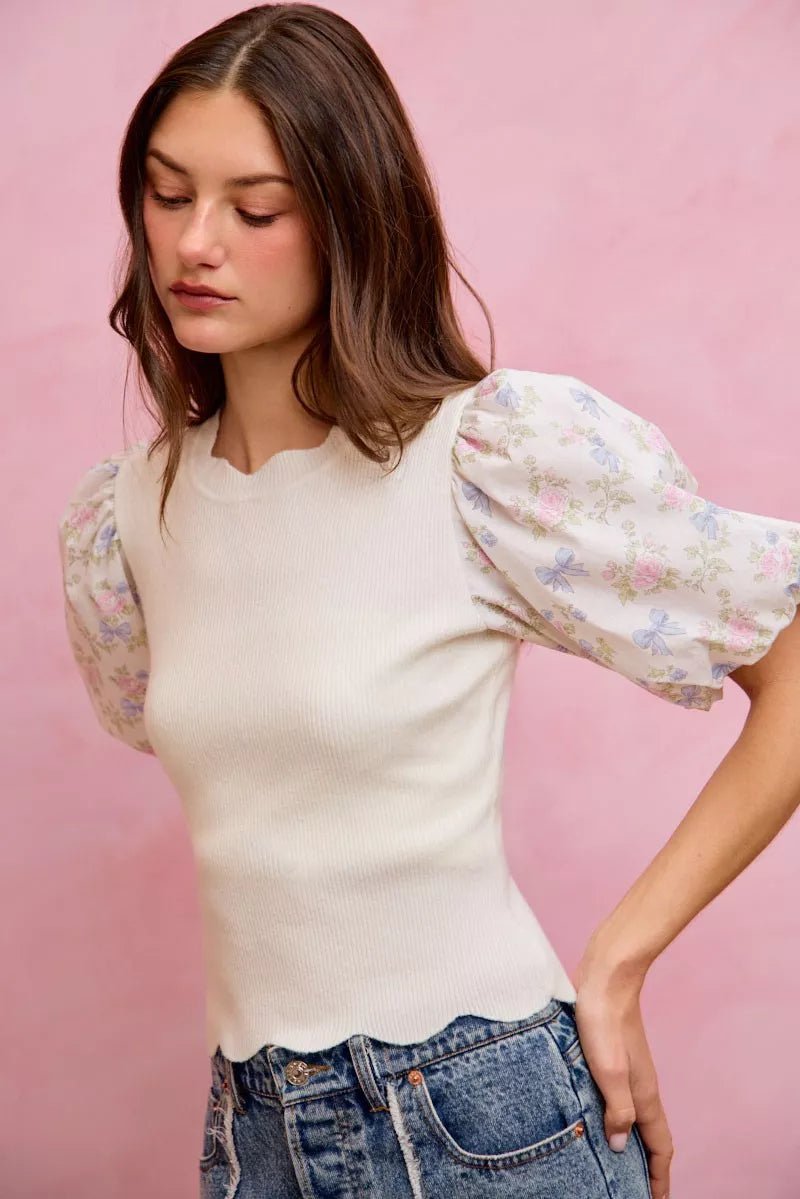 SO ME Floral Cotton Contrast Sleeves Scallop Sweater Top - Bitsy Gypsy Boutique
