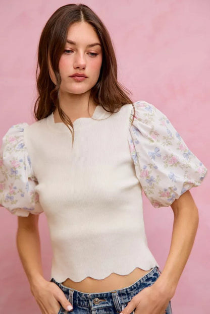 SO ME Floral Cotton Contrast Sleeves Scallop Sweater Top - Bitsy Gypsy Boutique