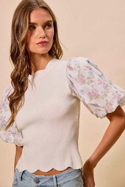 SO ME Floral Cotton Contrast Sleeves Scallop Sweater Top - Bitsy Gypsy Boutique
