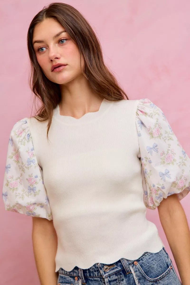 SO ME Floral Cotton Contrast Sleeves Scallop Sweater Top - Bitsy Gypsy Boutique