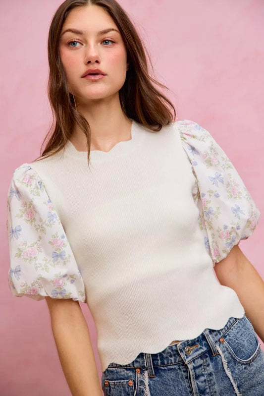 SO ME Floral Cotton Contrast Sleeves Scallop Sweater Top - Bitsy Gypsy Boutique