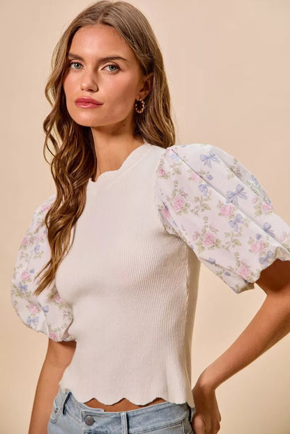 SO ME Floral Cotton Contrast Sleeves Scallop Sweater Top - Bitsy Gypsy Boutique