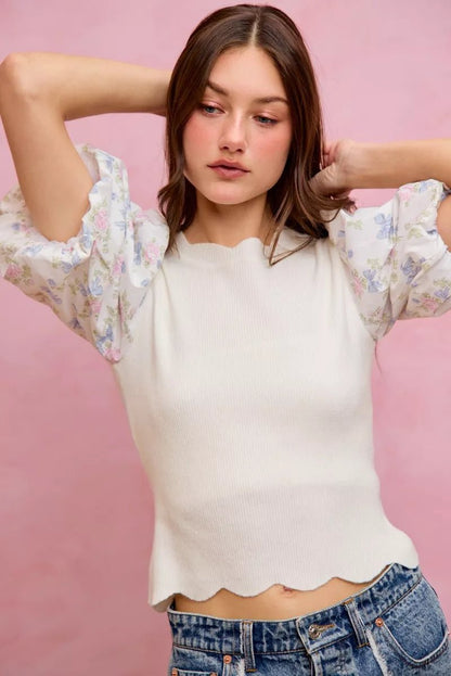 SO ME Floral Cotton Contrast Sleeves Scallop Sweater Top - Bitsy Gypsy Boutique