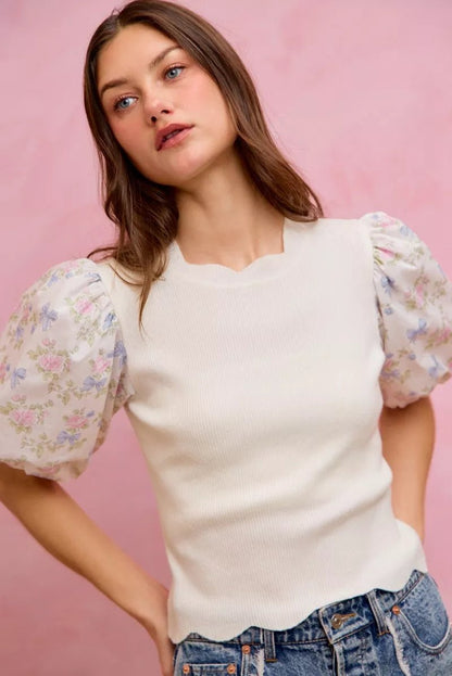 SO ME Floral Cotton Contrast Sleeves Scallop Sweater Top - Bitsy Gypsy Boutique