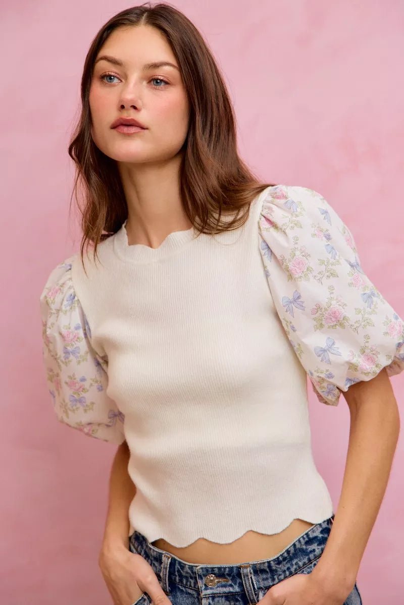 SO ME Floral Cotton Contrast Sleeves Scallop Sweater Top - Bitsy Gypsy Boutique