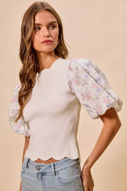 SO ME Floral Cotton Contrast Sleeves Scallop Sweater Top - Bitsy Gypsy Boutique