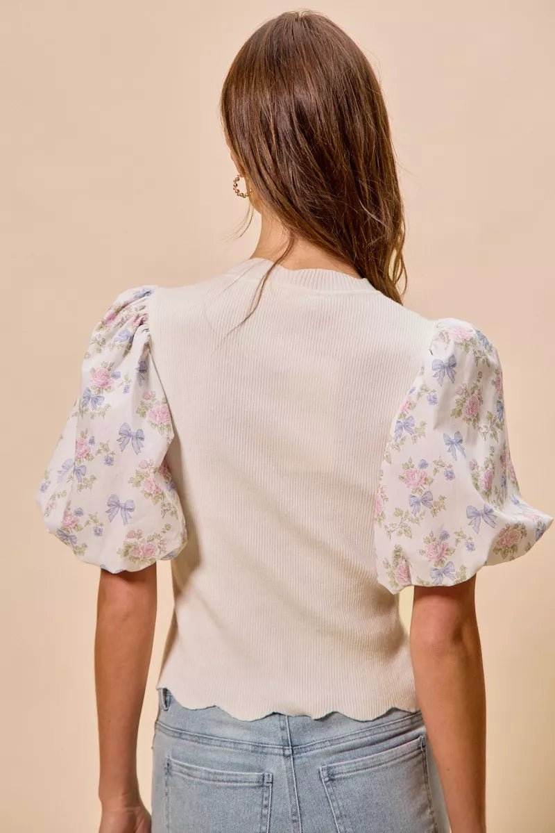 SO ME Floral Cotton Contrast Sleeves Scallop Sweater Top - Bitsy Gypsy Boutique