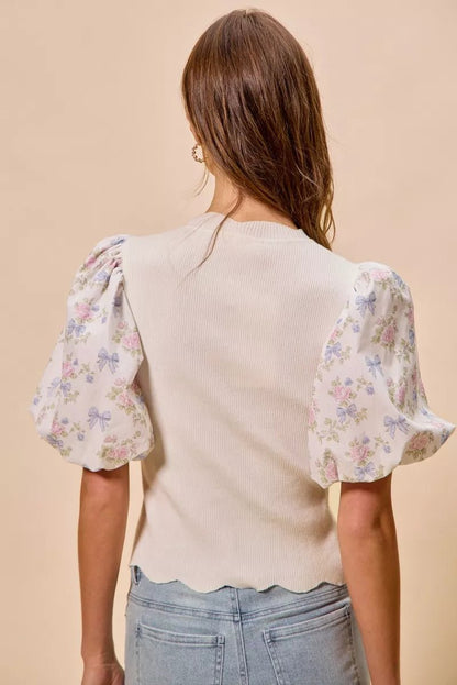 SO ME Floral Cotton Contrast Sleeves Scallop Sweater Top - Bitsy Gypsy Boutique