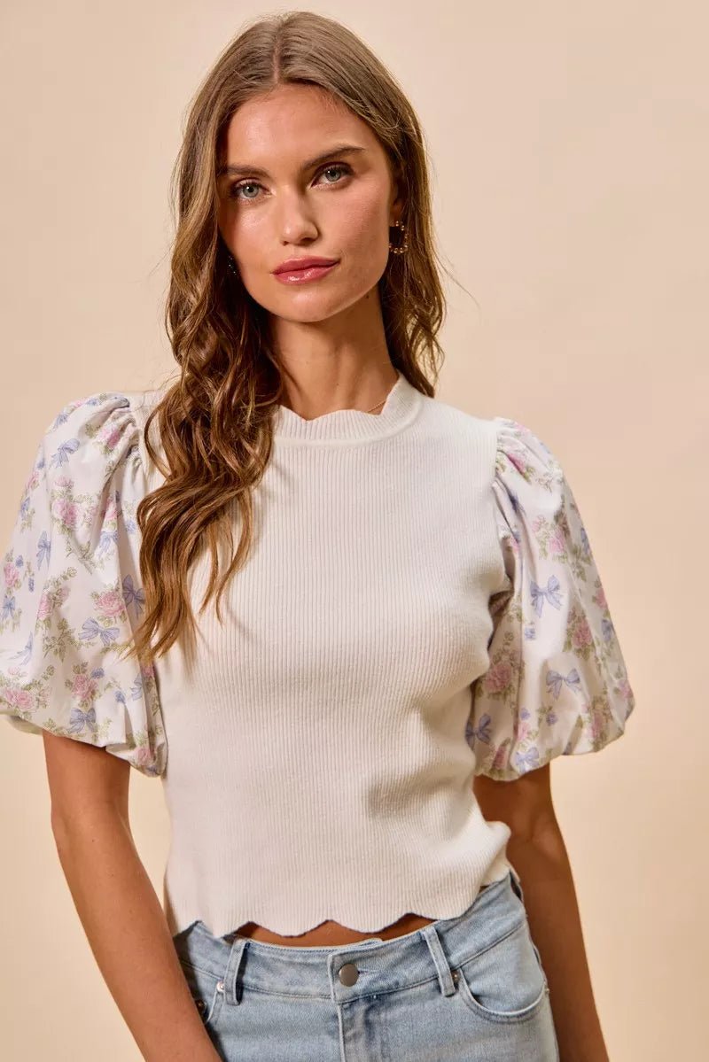 SO ME Floral Cotton Contrast Sleeves Scallop Sweater Top - Bitsy Gypsy Boutique