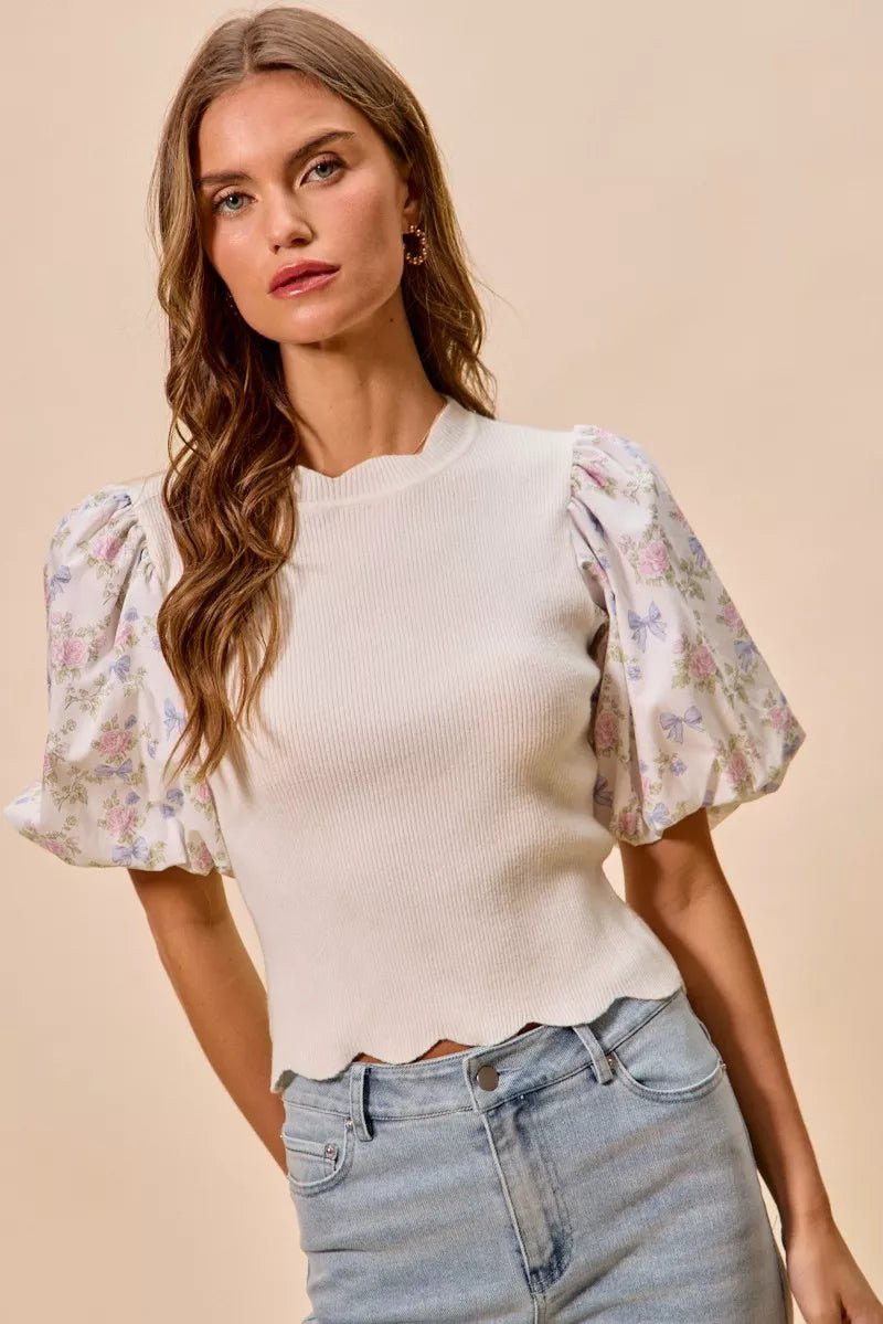 SO ME Floral Cotton Contrast Sleeves Scallop Sweater Top - Bitsy Gypsy Boutique