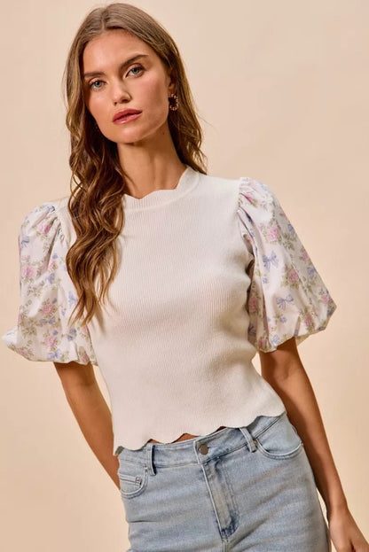 SO ME Floral Cotton Contrast Sleeves Scallop Sweater Top - Bitsy Gypsy Boutique