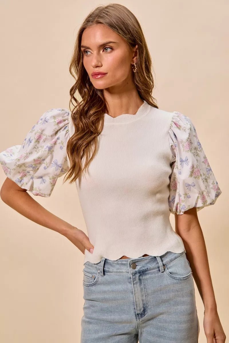SO ME Floral Cotton Contrast Sleeves Scallop Sweater Top - Bitsy Gypsy Boutique