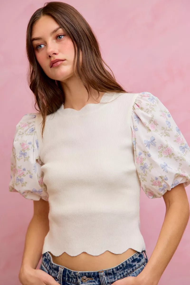 SO ME Floral Cotton Contrast Sleeves Scallop Sweater Top - Bitsy Gypsy Boutique