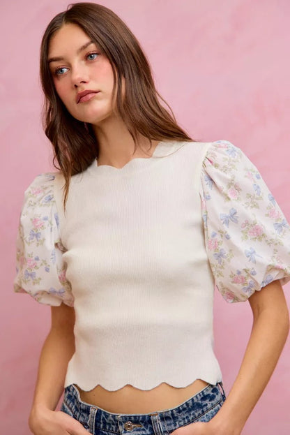SO ME Floral Cotton Contrast Sleeves Scallop Sweater Top - Bitsy Gypsy Boutique