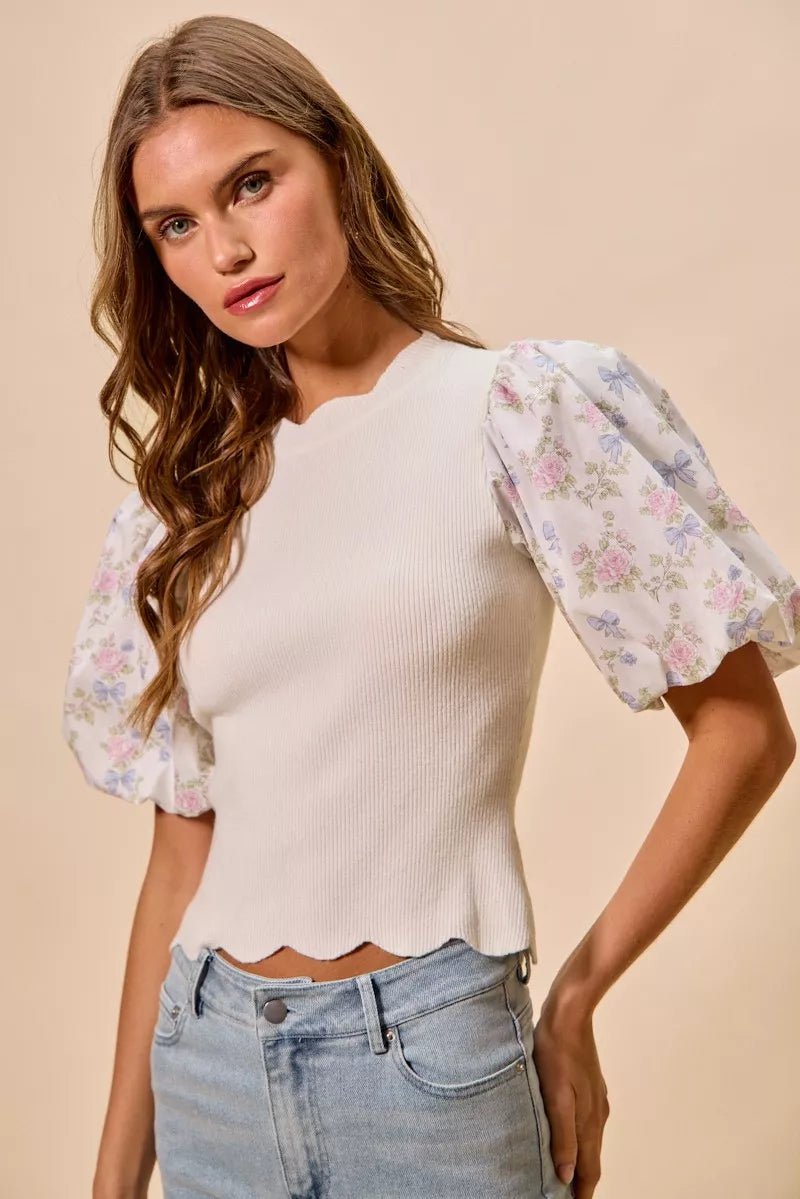SO ME Floral Cotton Contrast Sleeves Scallop Sweater Top - Bitsy Gypsy Boutique