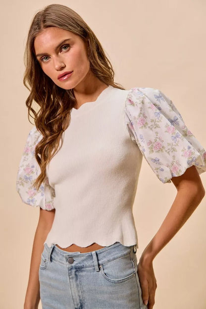 SO ME Floral Cotton Contrast Sleeves Scallop Sweater Top - Bitsy Gypsy Boutique