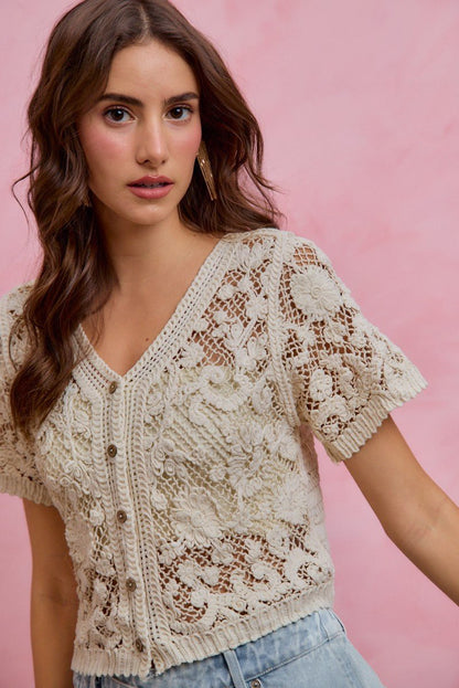 SO ME Floral Crochet Lace Button Down Cardigan - Bitsy Gypsy Boutique