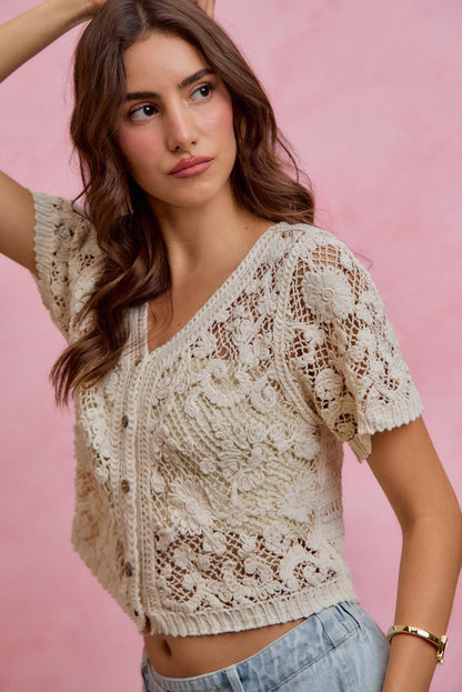 SO ME Floral Crochet Lace Button Down Cardigan - Bitsy Gypsy Boutique