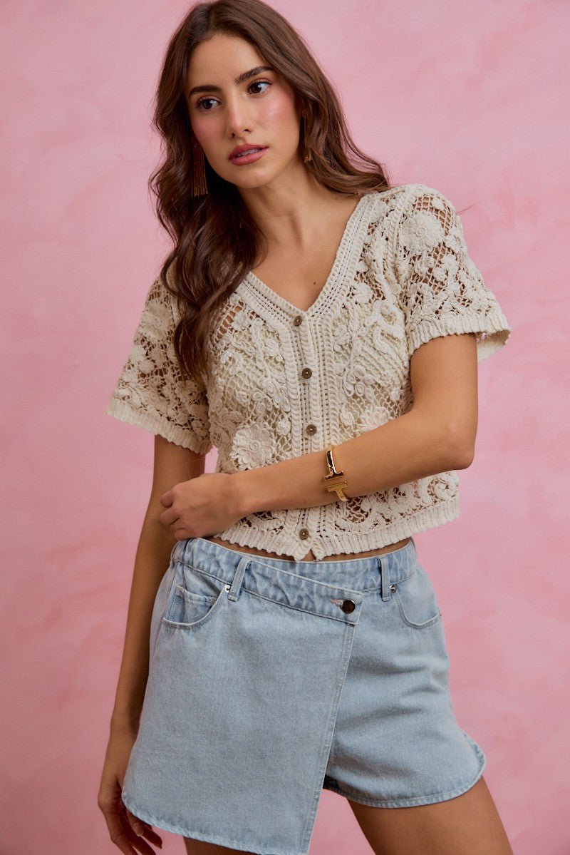 SO ME Floral Crochet Lace Button Down Cardigan - Bitsy Gypsy Boutique