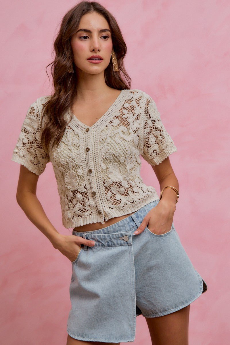 SO ME Floral Crochet Lace Button Down Cardigan - Bitsy Gypsy Boutique