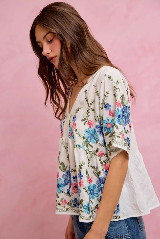 SO ME Floral Embroidered Baby Doll Blouse Top - Bitsy Gypsy Boutique