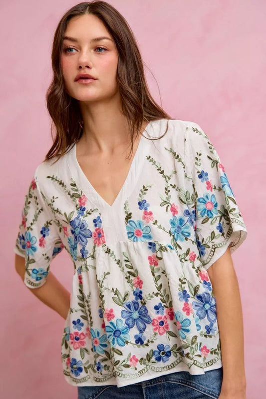SO ME Floral Embroidered Baby Doll Blouse Top - Bitsy Gypsy Boutique