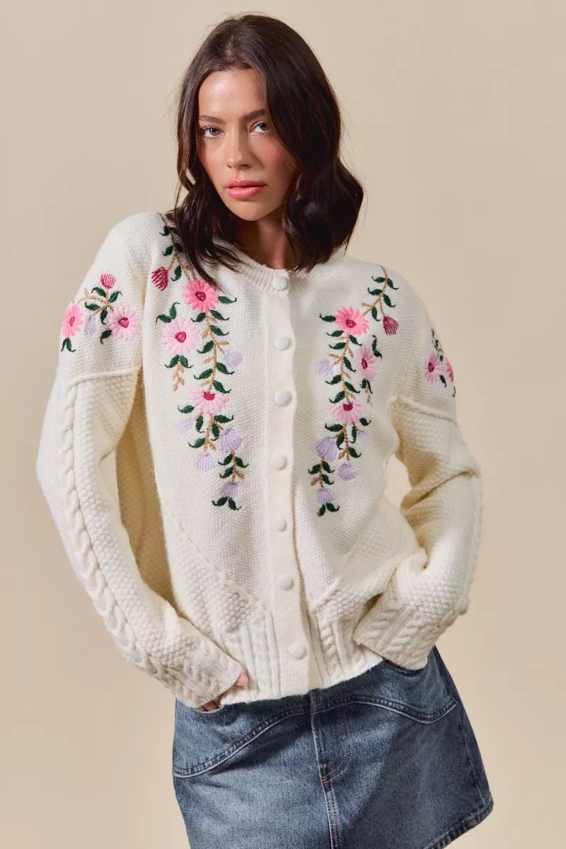 SO ME Floral Embroidered Coquette Sweater Cardigan - Bitsy Gypsy Boutique