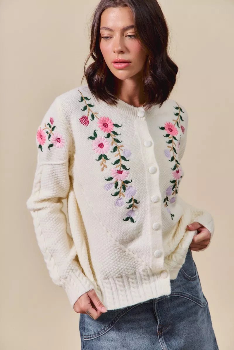 SO ME Floral Embroidered Coquette Sweater Cardigan - Bitsy Gypsy Boutique