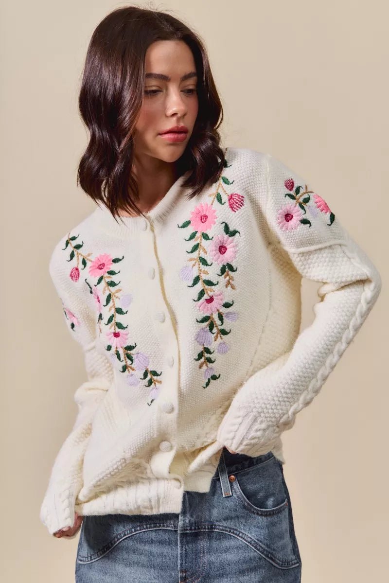 SO ME Floral Embroidered Coquette Sweater Cardigan - Bitsy Gypsy Boutique