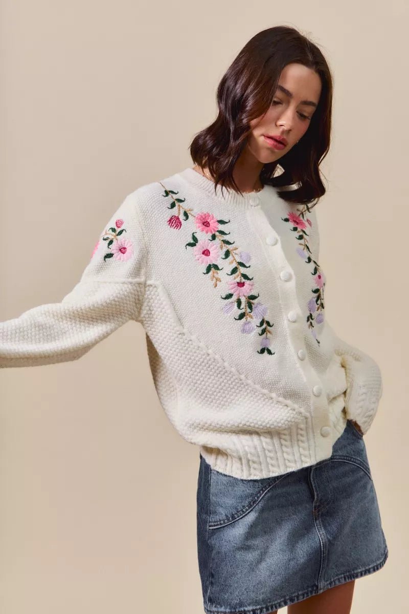 SO ME Floral Embroidered Coquette Sweater Cardigan - Bitsy Gypsy Boutique