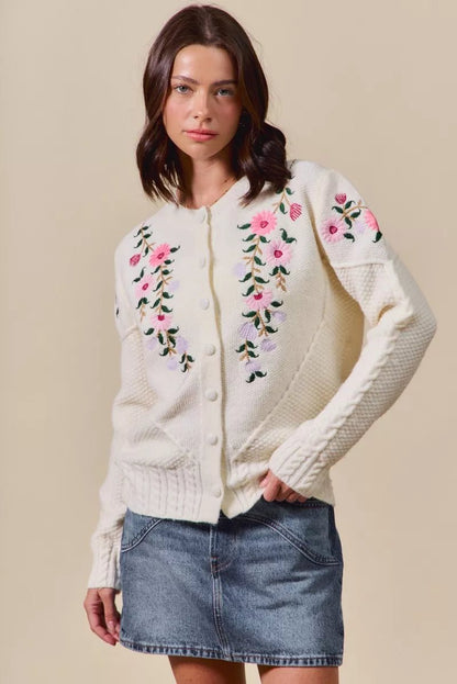 SO ME Floral Embroidered Coquette Sweater Cardigan - Bitsy Gypsy Boutique