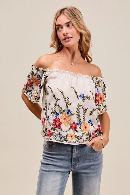 SO ME Floral Embroidered Two Way Off The Shoulder Blouse - Bitsy Gypsy Boutique