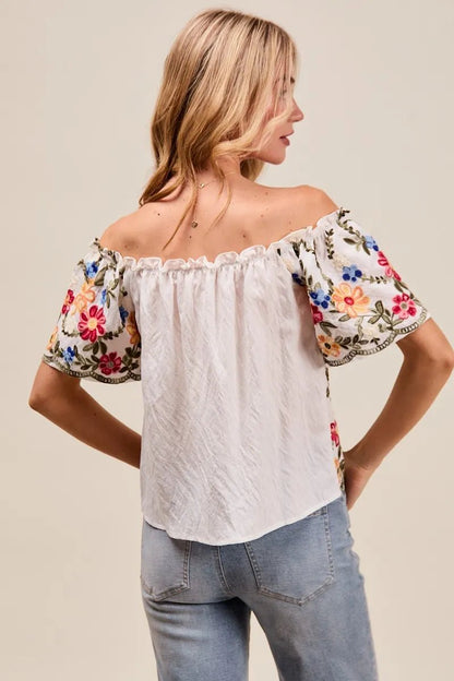 SO ME Floral Embroidered Two Way Off The Shoulder Blouse - Bitsy Gypsy Boutique