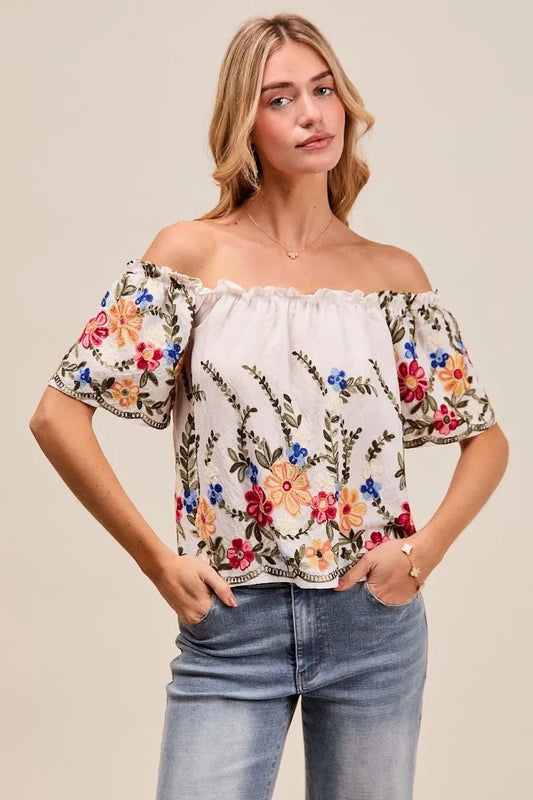 SO ME Floral Embroidered Two Way Off The Shoulder Blouse - Bitsy Gypsy Boutique
