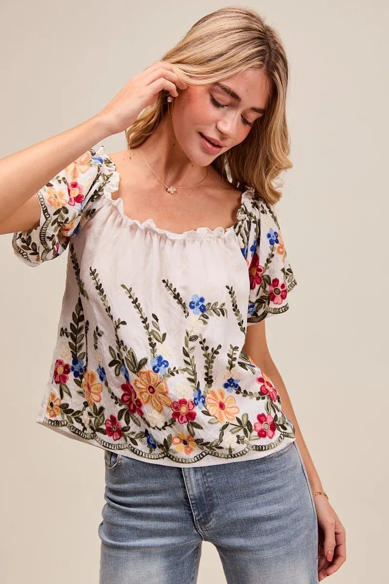 SO ME Floral Embroidered Two Way Off The Shoulder Blouse - Bitsy Gypsy Boutique