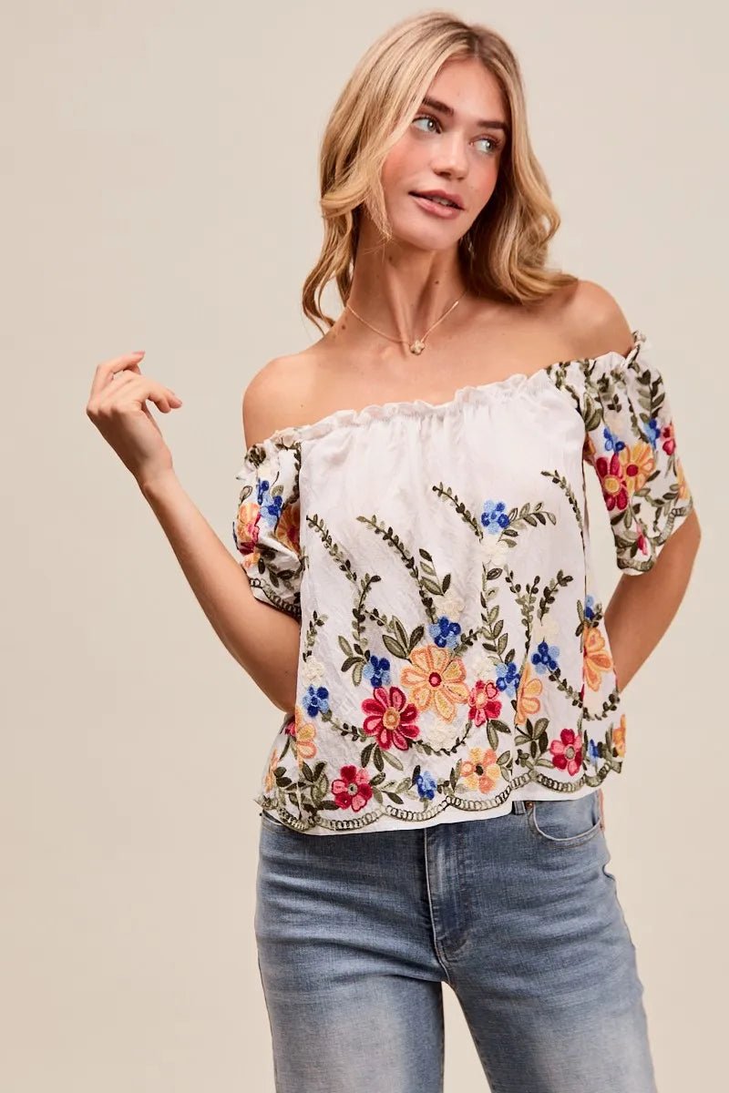 SO ME Floral Embroidered Two Way Off The Shoulder Blouse - Bitsy Gypsy Boutique