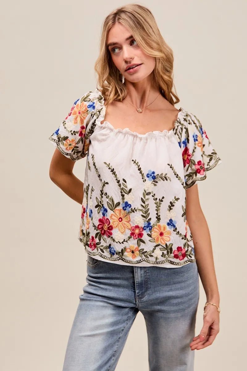 SO ME Floral Embroidered Two Way Off The Shoulder Blouse - Bitsy Gypsy Boutique