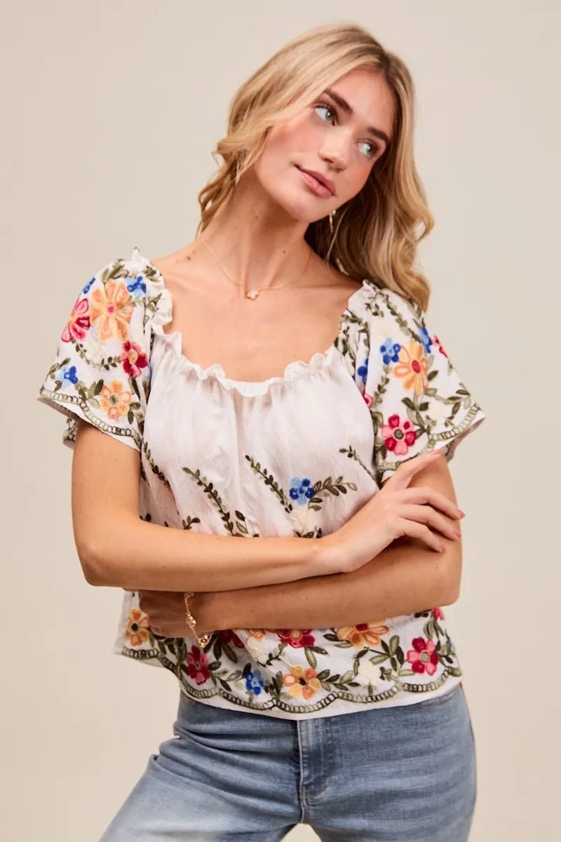 SO ME Floral Embroidered Two Way Off The Shoulder Blouse - Bitsy Gypsy Boutique
