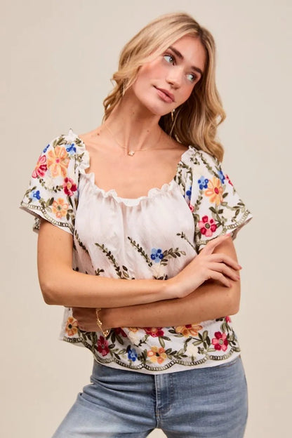 SO ME Floral Embroidered Two Way Off The Shoulder Blouse - Bitsy Gypsy Boutique