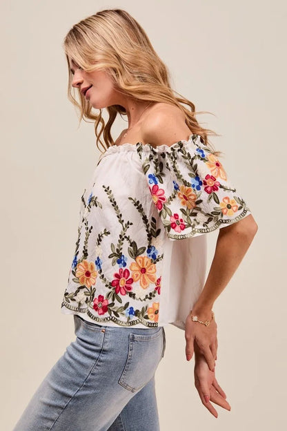 SO ME Floral Embroidered Two Way Off The Shoulder Blouse - Bitsy Gypsy Boutique
